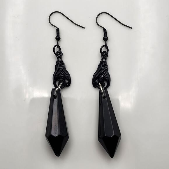 Black Spike Jewel Bat Earrings - Picture 3 of 4